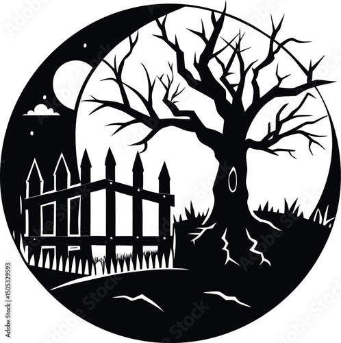 broken fence and haunted tree silhouette scene