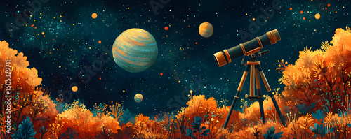 A whimsical celestial landscape featuring a telescope, vibrant trees, and distant planets, perfect for celebrating astronomy day and inspiring stargazing adventures. photo