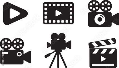 Set of black and white movie film video camera and clapperboard icons isolated