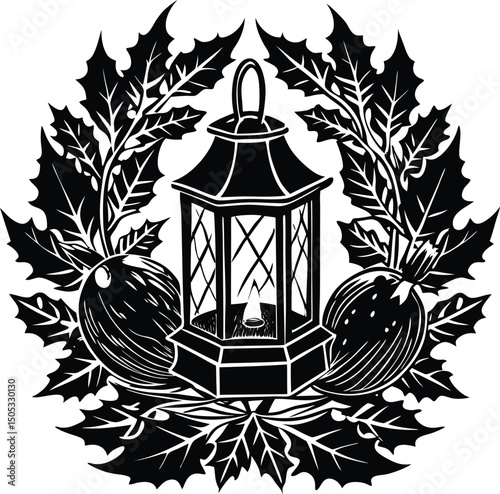 candle in lantern surrounded by holly silhouette