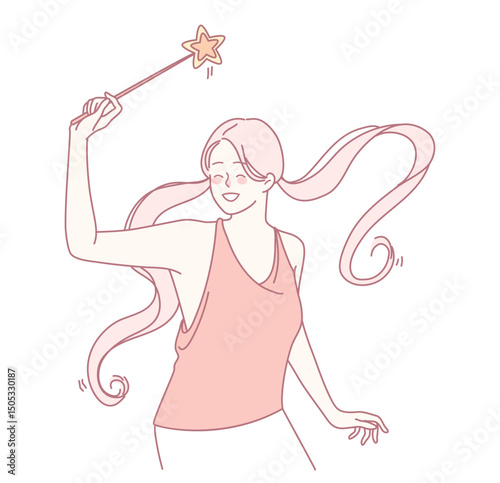 A cheerful young girl with a sparkling magic wand, embodying pure joy and creativity in a whimsical design aesthetic
