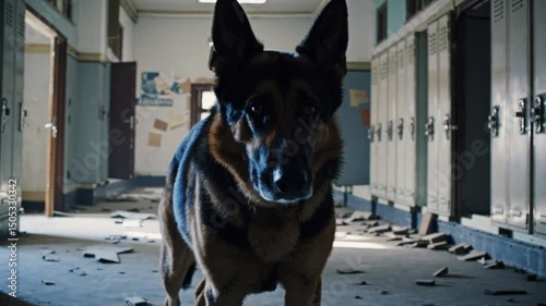 German shepherd exploring abandoned school hallway with lockers