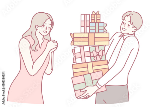 A couple is joyfully sharing a precious moment as one enthusiastically presents a colorful stack of gifts