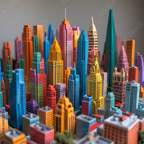 The text describes a detailed miniature cityscape featuring multicolored skyscrapers.