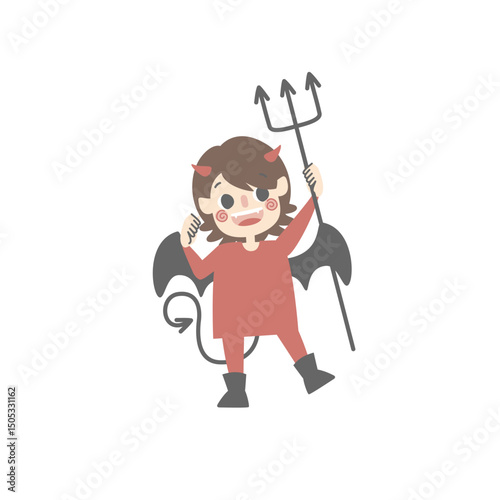 happy halloween holiday festival with boy wearing devil costume holding trident, flat vector illustration cartoon