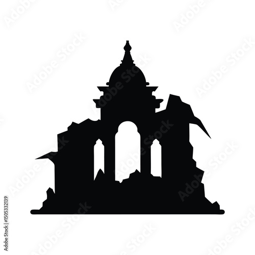 Silhouette of a destroyed building vector graphic illustration on white background