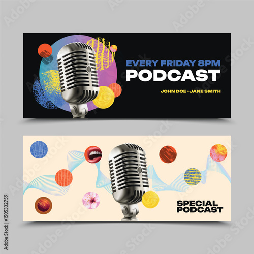 Realistic Podcast Banner Set with Microphones
