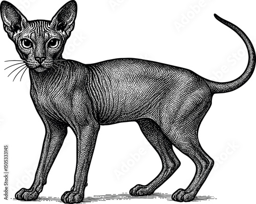 Peterbald full body side view and facing towards the front vector black silhouette cricut print design isolated on a plain white background