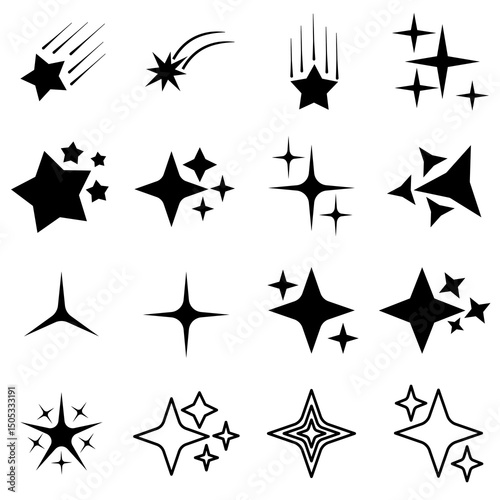 Retro futuristic sparkle icons collection. Set of star shapes. Abstract cool shine effect sign vector with transparent background