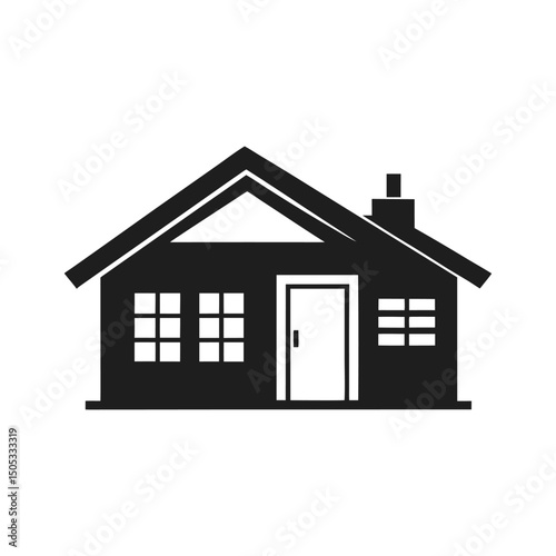 Simple black and white house icon with windows door and chimney design