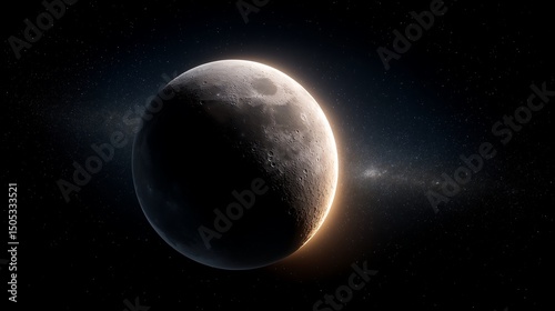 A close-up celestial view of a bright crescent moon against a high-contrast star field, detailed surface textures visible, the Milky Way subtly glowing in the background