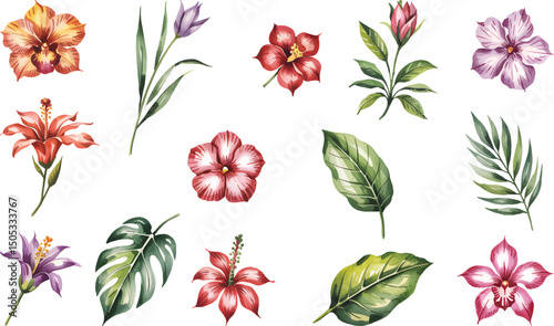 Tropical Flower and Leaf Watercolor Set – Exotic Botanical Clipart on White Background.