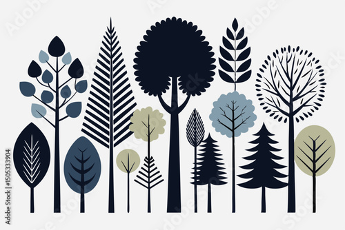 Stylized Forest Illustration with Various Tree Types and Colors on White