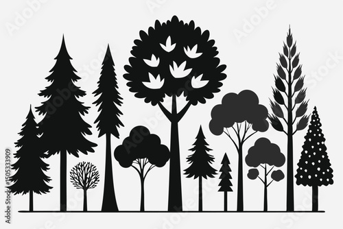 Silhouette Trees Collection in Black and White Minimalist Style Illustration