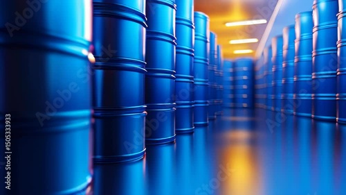 video of Blue oil barrels or chemical drums arranged in a horizontal stacked formation.	