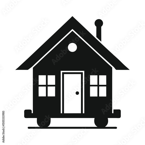 Simple black and white tiny house icon with wheels and chimney