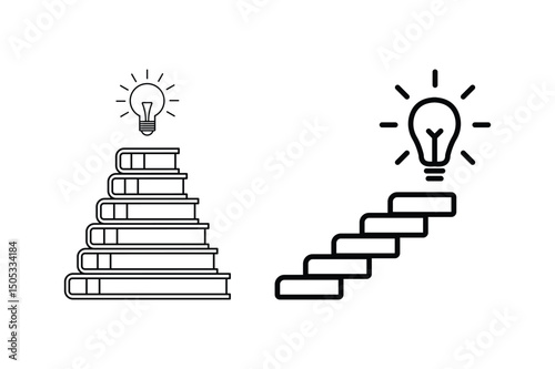 Learning development steps with books, light bulb idea shows knowledge progress, growth through education
