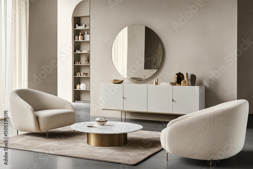 Modern living room with two cream armchairs flanking a marble-topped coffee table, a white sideboard with brass legs, and a large round mirror against a neutral wall