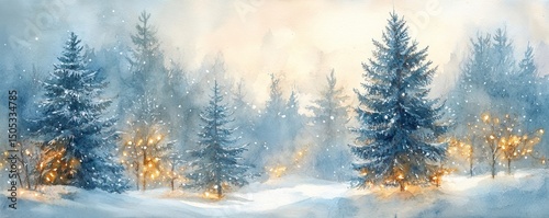 watercolor painting of a snowy forest with glowing Christmas lights on the trees, creating a serene winter scene, Generative AI
