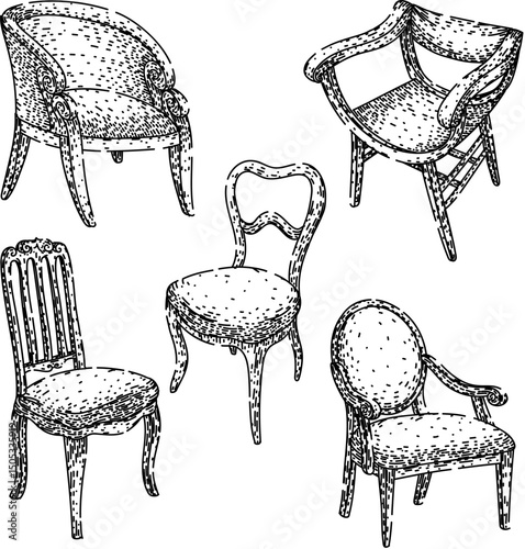 antique chair set sketch hand drawn vector