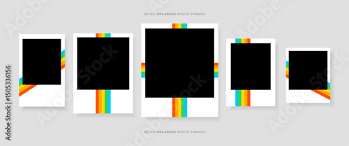 Modern retro Polaroid photo frames with rainbow stripes.Retro Colorful Photo Mockups with Media Placeholders and Texts. Vintage Frame Cards. Vector Illustrations.