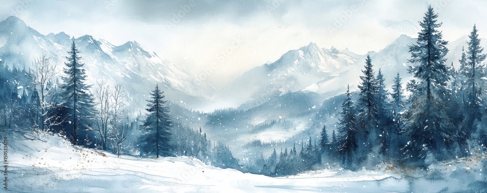 Fototapeta premium artistic design of a snowy mountain landscape, painted in soft watercolor shades, for a winter holiday card, Generative AI