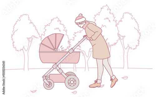 A serene and beautiful scene of a woman leisurely strolling with an adorable baby stroller in a picturesque park