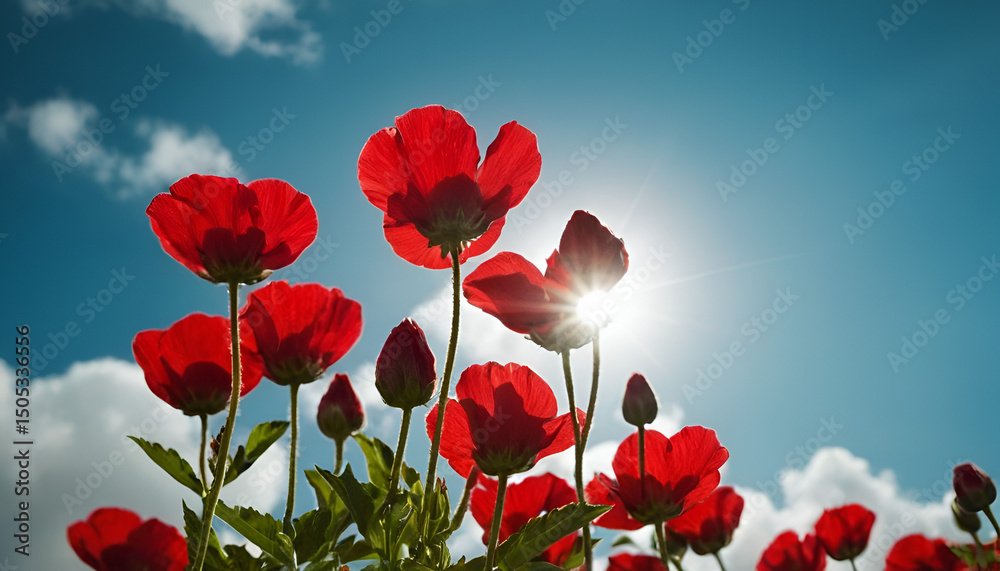 Fototapeta premium Red poppies blooming in a field under a bright summer sun against a blue sky with white clouds background.