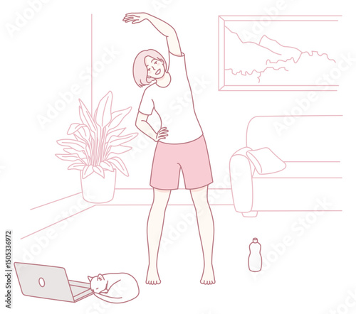 A woman is stretching at home with her beloved cat by her side, promoting wellness, fitness, and health
