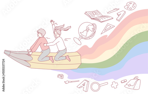 A whimsical illustration of joyful children riding a giant pencil, symbolizing creativity and exploration