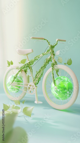 Electric bicycle entwined with glowing green vines, eco concept for Earth Day