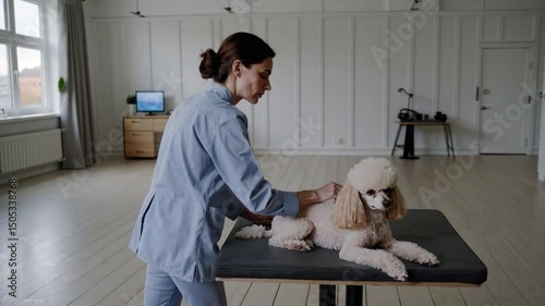 Professional groomer gently combing poodle on grooming table in bright salon