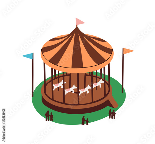 Merry go round carrousel in recreation park. Roundabout with animal shapes or horse carousel for kids. Attraction, amusement ride, entertainment outdoors. Flat isolated vector illustration on white