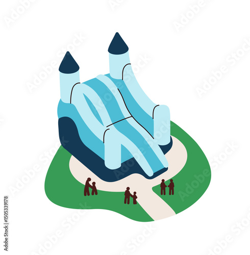 Happy children have fun on inflatable slide in amusement park. Kids play on bouncy castle. Rubber house, bouncer for jumping, summer attraction. Flat isolated vector illustration on white background