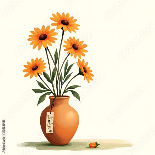 Summer Bliss: Hand-Painted Clay Vase with Fragrant Orange Daisies and Pressed Flower Bookmark Greeting Card