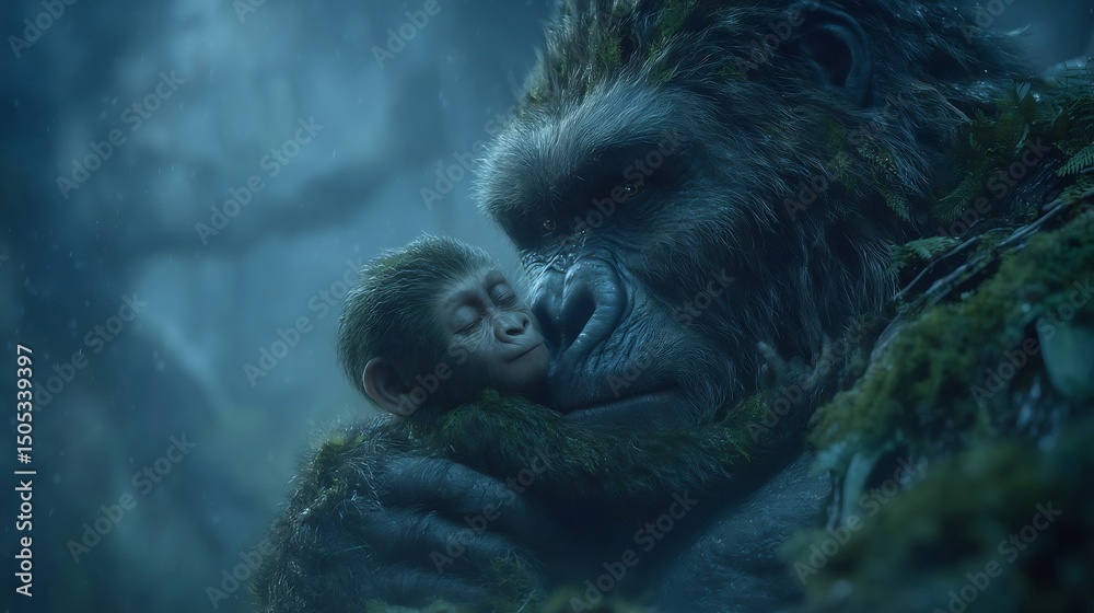 Naklejka premium Large primate gently cradling a smaller primate.