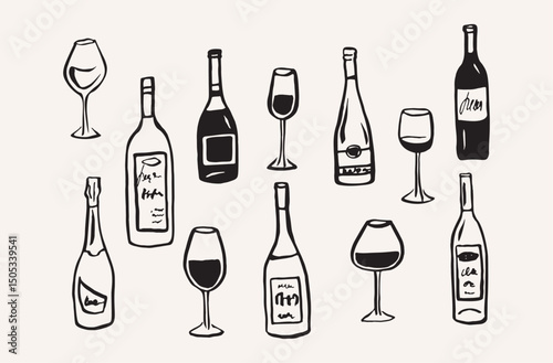 Hand drawn wine bottles and glasses