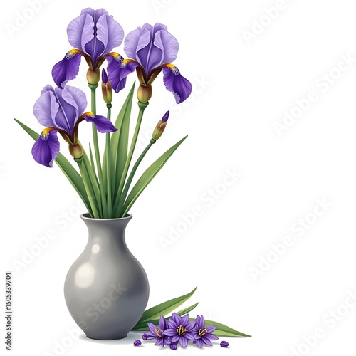 Summer Serenity: Fragrant Irises in Metal Vase with Pressed Flower Bookmark