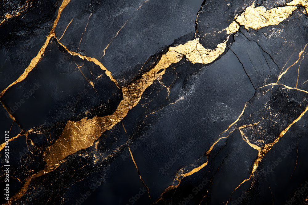 Fototapeta premium Close-up of a black and gold marble wall texture with high contrast black background, elegant and modern design.