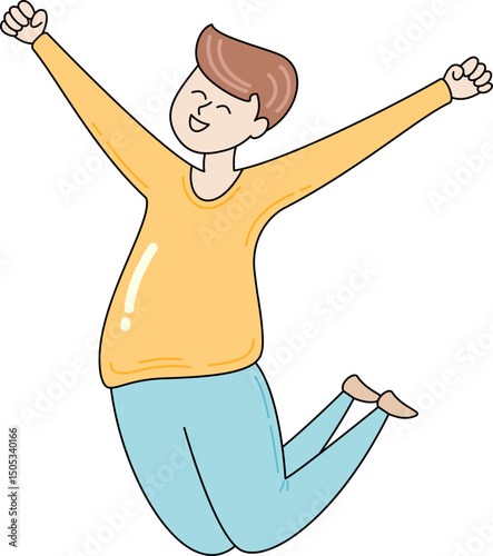 Happy cartoon man jumping vector illustration. Joy lifestyle celebration victory team smiling.