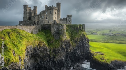 dramatic cliffside castle where banners flutter in the wind and storm clouds gather over the horizon, Generative AI