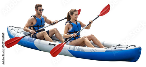 A couple sitting in an inflatable kayak