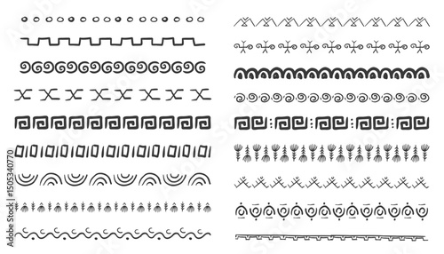 Ethnic tribal border, traditional hand drawn divider, doodle separator. Ancient motif line geometric brush, for frames, design element. 