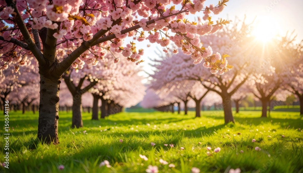 Fototapeta premium Beautiful cherry blossom trees rows at sunset illuminating green grass field