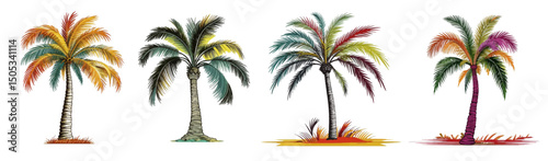 Palm trees collection. Colorful vector illustration. 