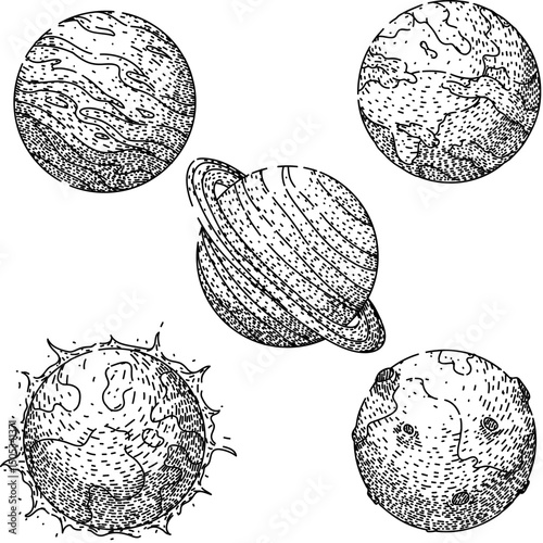 planet set sketch hand drawn vector