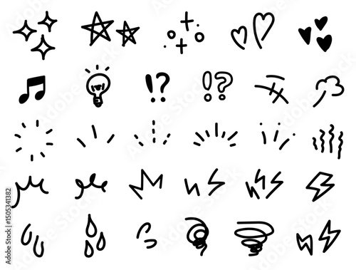 手描きの装飾セット。かわいい線画。星、ハートなど記号のイラスト。ペンで描いた感情のアイコン。