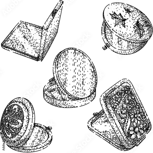 pocket mirror set sketch hand drawn vector