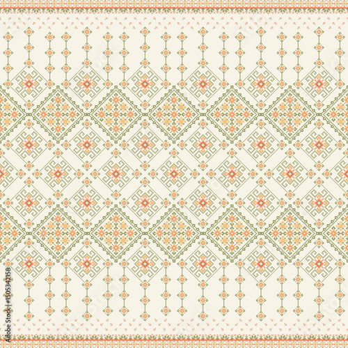  Geometric pixel art pattern. Abstract pixel art geometric pattern design for fabric, carpet, tile, clothing, embroidery, needlepoint and background. Vector pixel art seamless motif Native American 