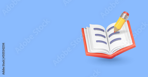 3d Book with Pencil icon, Education elements and online learning . Opened textbook and copy space
